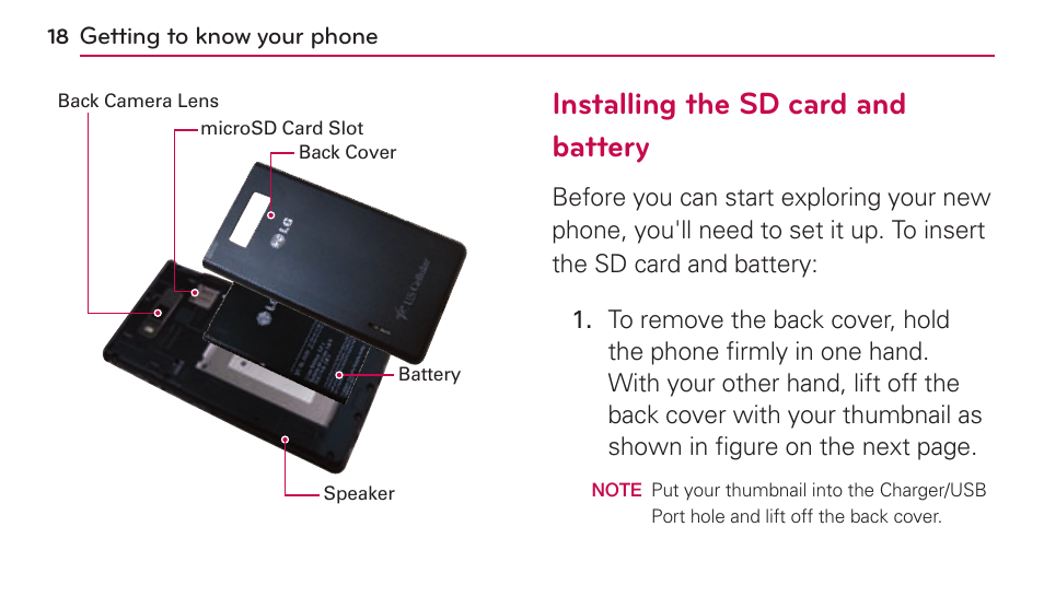 Installing the sd card and battery | LG US730 User Manual | Page 18 / 200