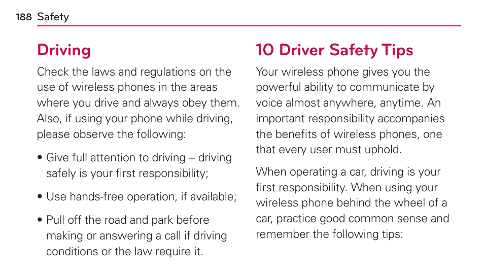 Driving, 10 driver safety tips | LG US730 User Manual | Page 188 / 200