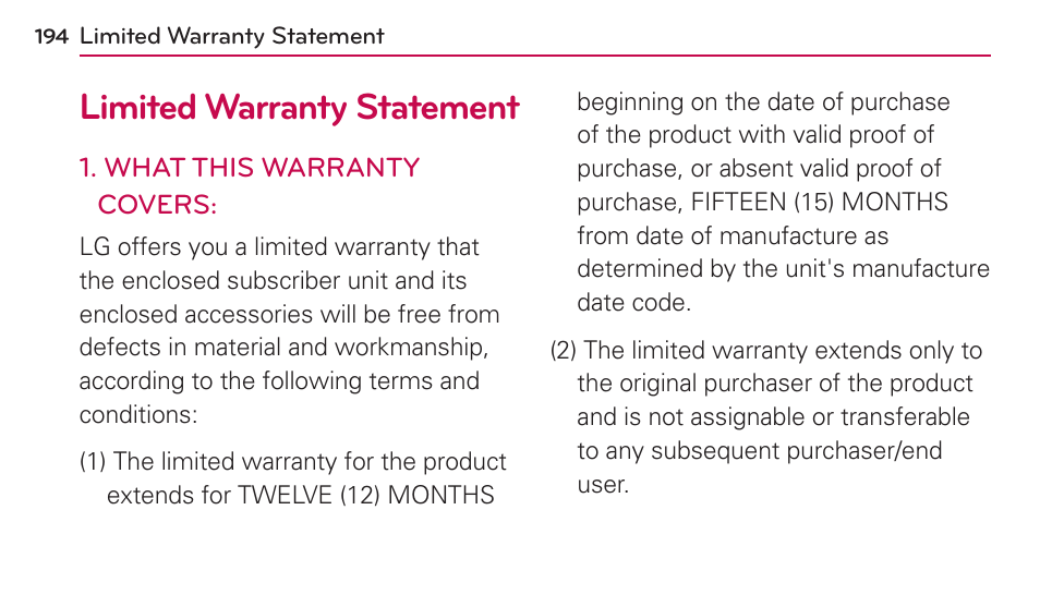 Limited warranty statement | LG US730 User Manual | Page 194 / 200