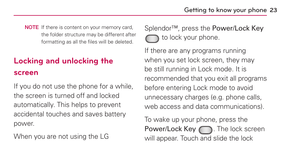 Locking and unlocking the screen | LG US730 User Manual | Page 23 / 200