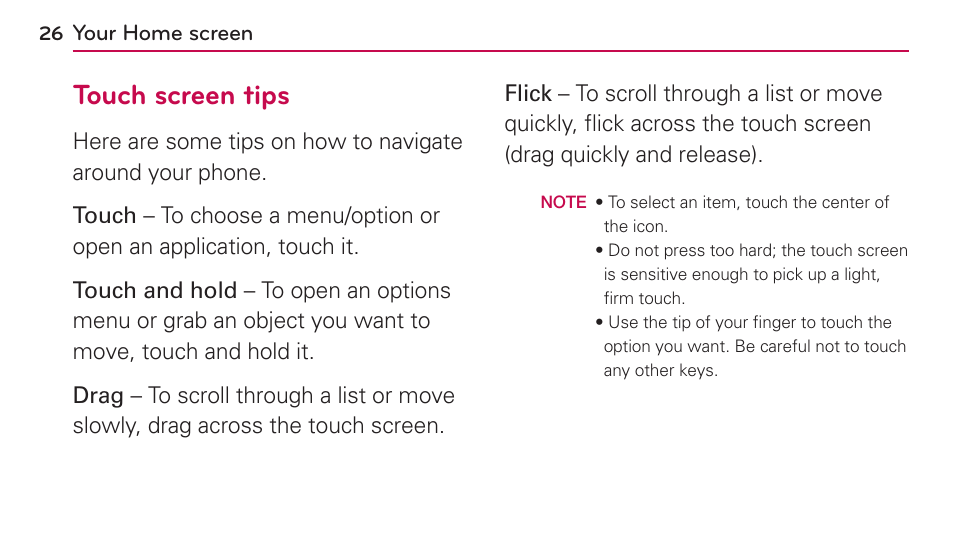 Your home screen, Touch screen tips | LG US730 User Manual | Page 26 / 200