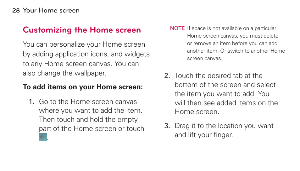 Customizing the home screen | LG US730 User Manual | Page 28 / 200