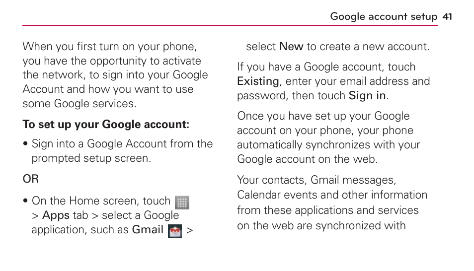 Google account setup | LG US730 User Manual | Page 41 / 200