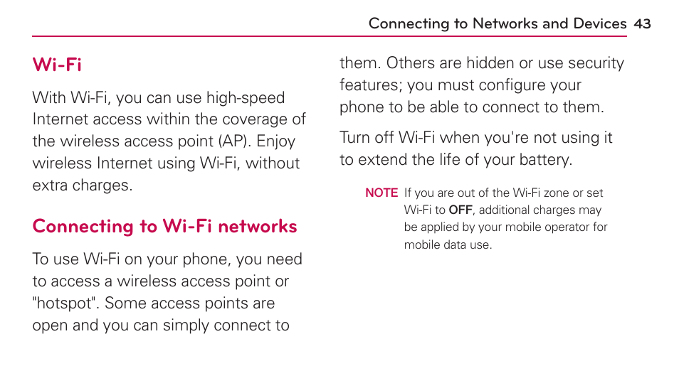 Connecting to networks and devices, Connecting to networks and devices 43, Wi-fi | Connecting to wi-fi networks | LG US730 User Manual | Page 43 / 200