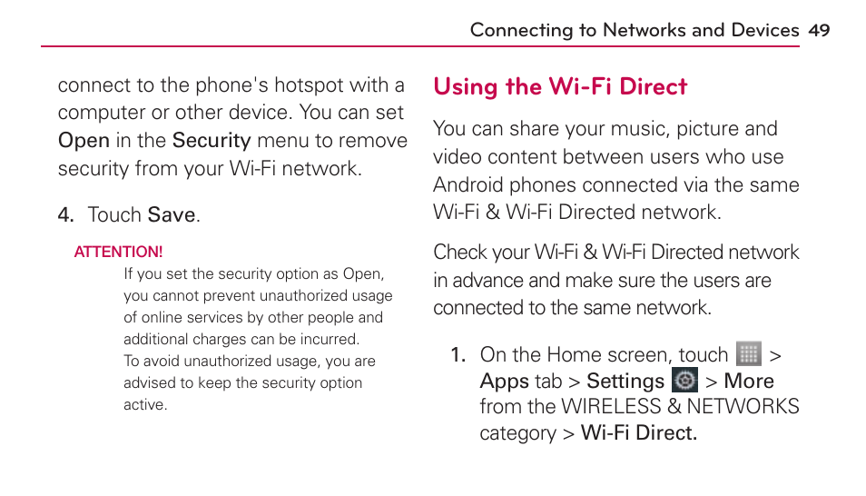 Using the wi-fi direct | LG US730 User Manual | Page 49 / 200