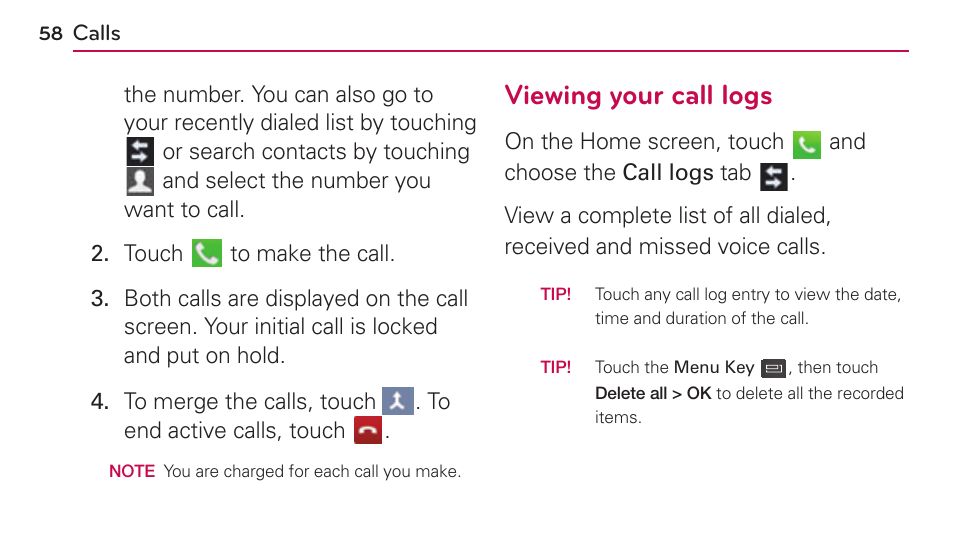 Viewing your call logs | LG US730 User Manual | Page 58 / 200