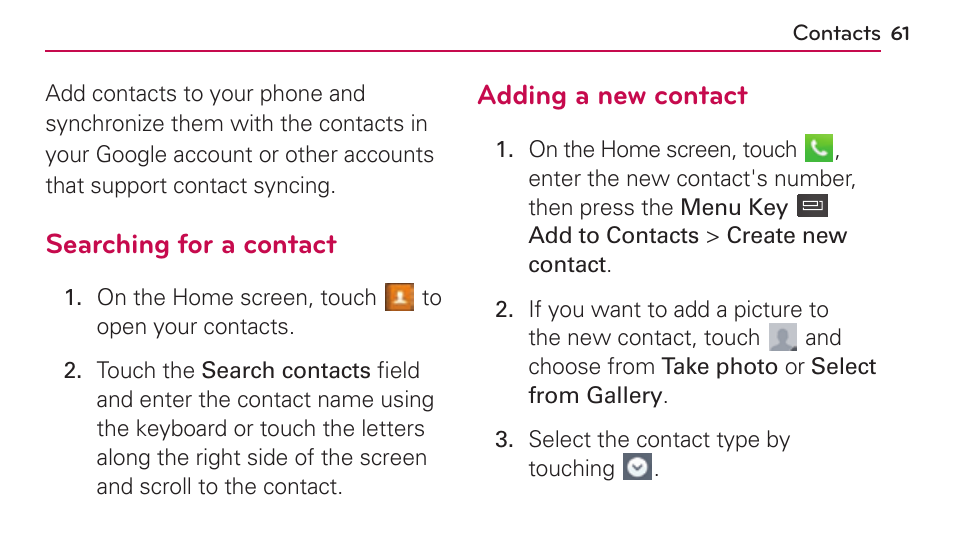 Contacts | LG US730 User Manual | Page 61 / 200
