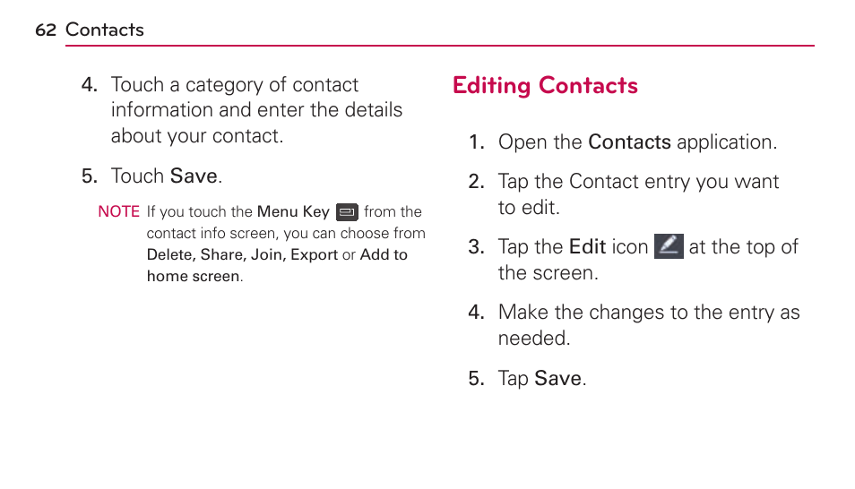 Editing contacts | LG US730 User Manual | Page 62 / 200