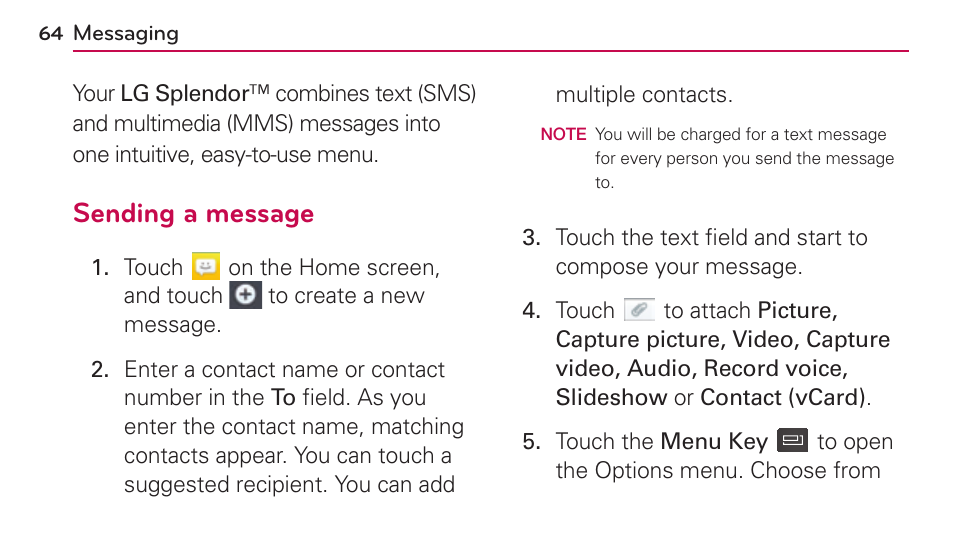 Messaging, Sending a message | LG US730 User Manual | Page 64 / 200
