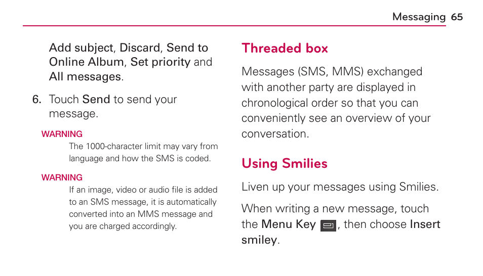 Threaded box, Using smilies | LG US730 User Manual | Page 65 / 200