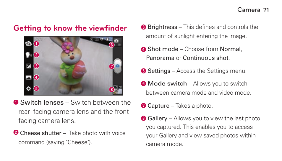 Camera, Getting to know the viewfinder | LG US730 User Manual | Page 71 / 200