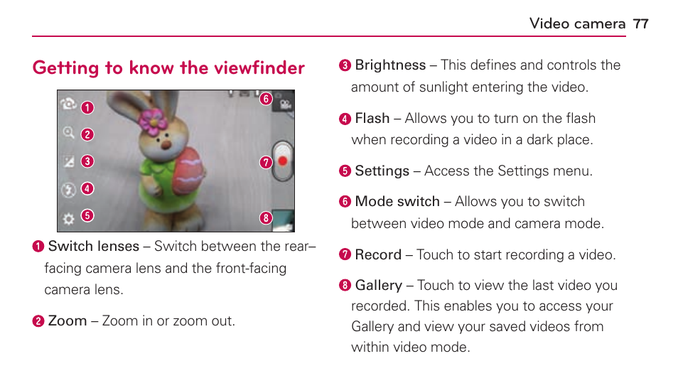 Video camera, Getting to know the viewfinder | LG US730 User Manual | Page 77 / 200