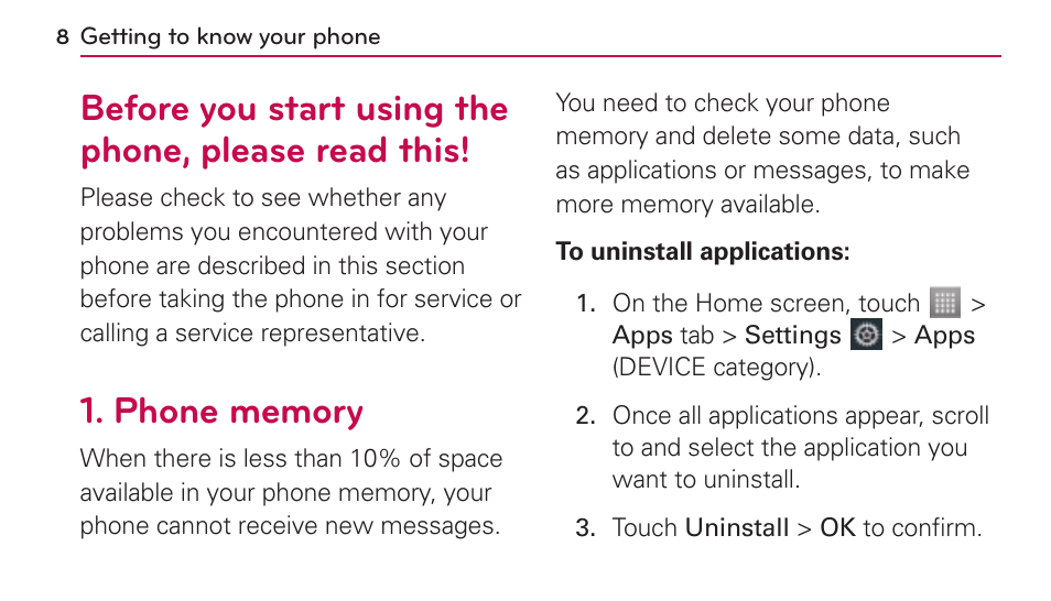 Getting to know your phone, Before you start using the phone, please read this | LG US730 User Manual | Page 8 / 200