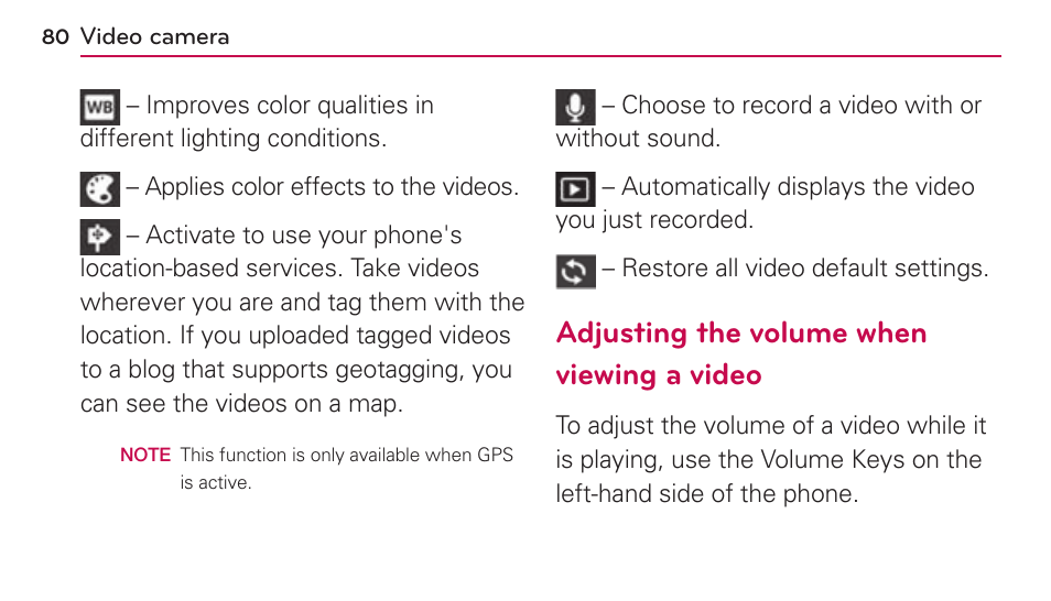 Adjusting the volume when viewing a video | LG US730 User Manual | Page 80 / 200