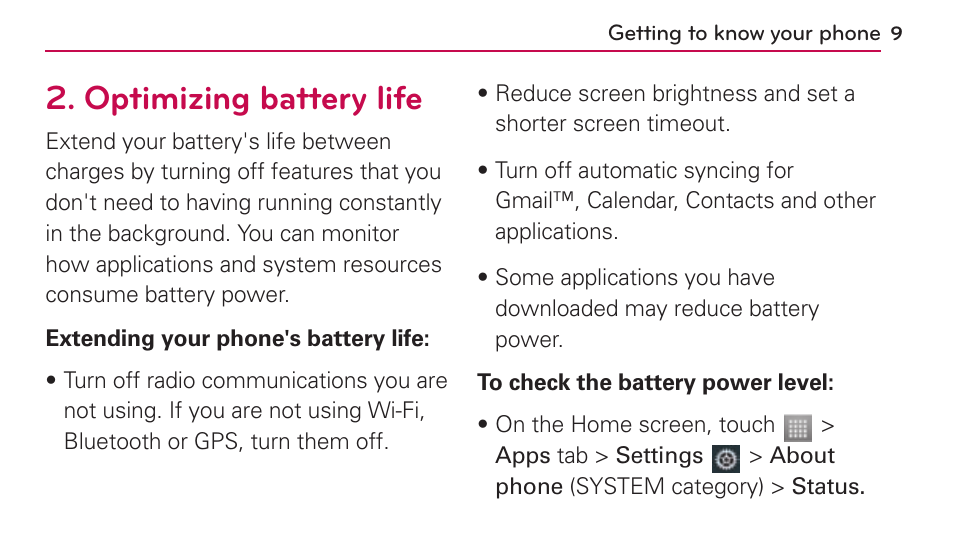 Optimizing battery life | LG US730 User Manual | Page 9 / 200