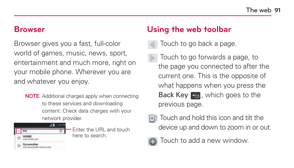 The web, Browser, Using the web toolbar | LG US730 User Manual | Page 91 / 200