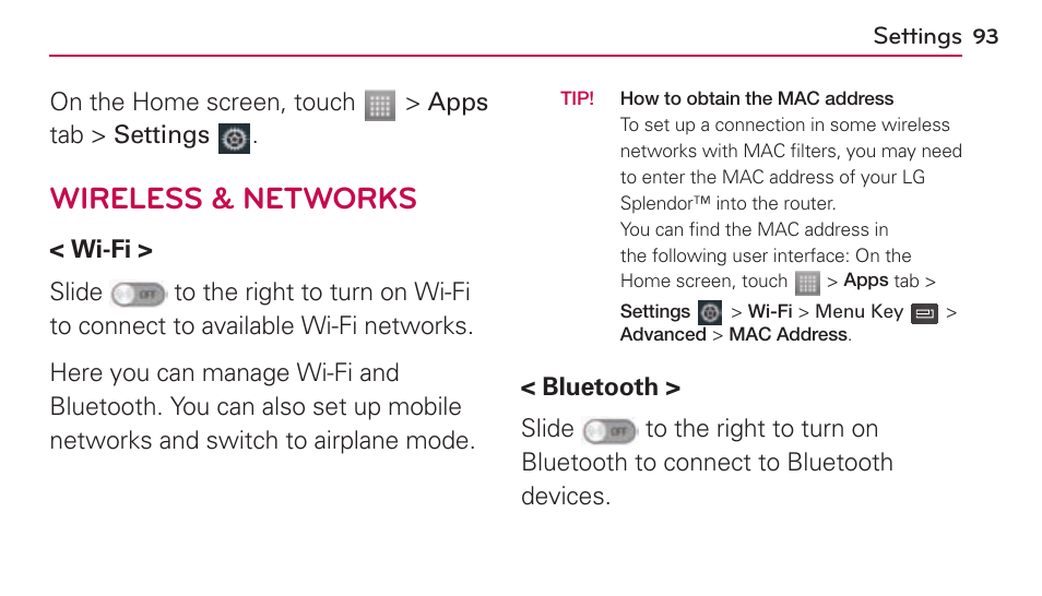 Settings, Wireless & networks | LG US730 User Manual | Page 93 / 200