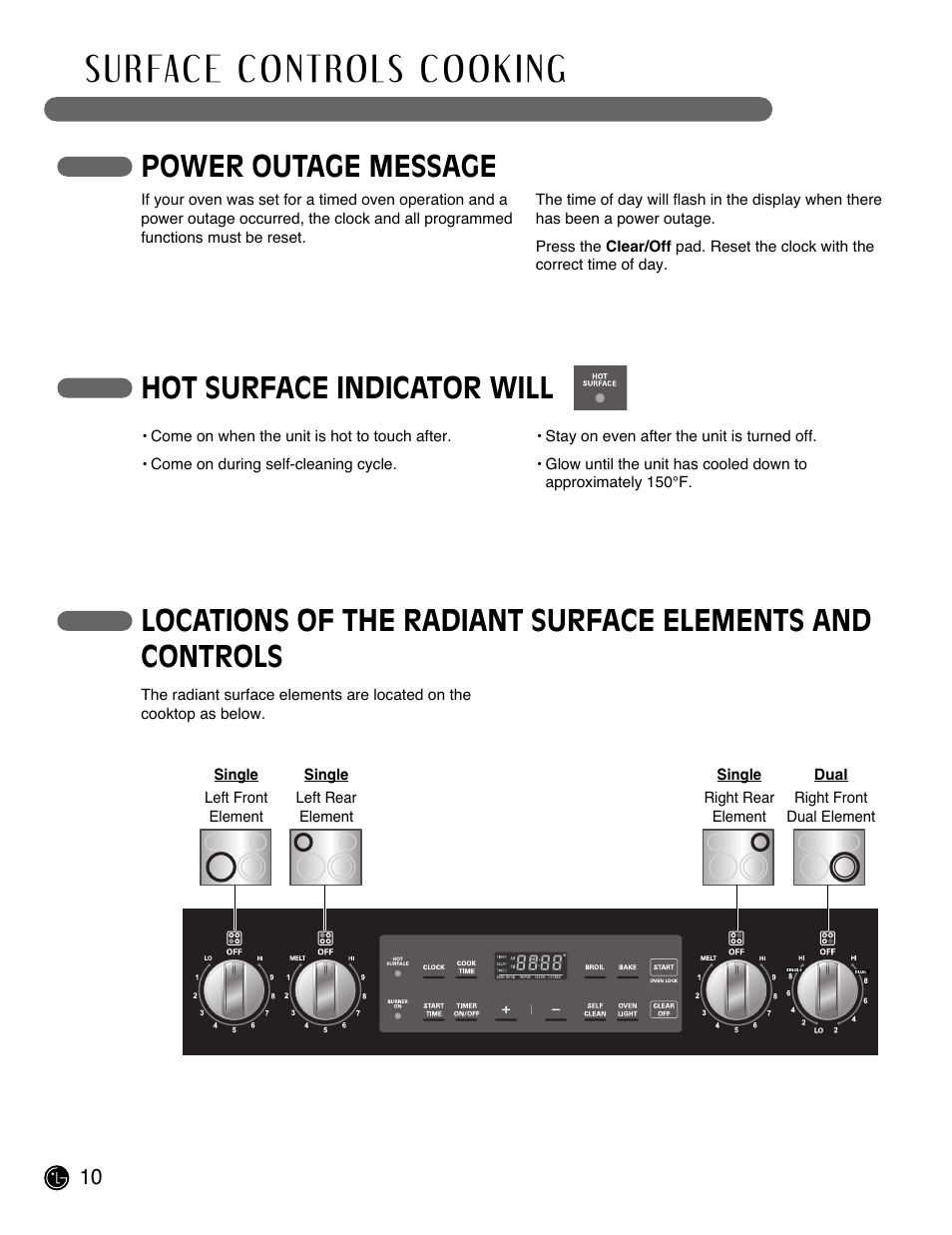 Power outage message, Hot surface indicator will | LG LRE3091SW User Manual | Page 10 / 40