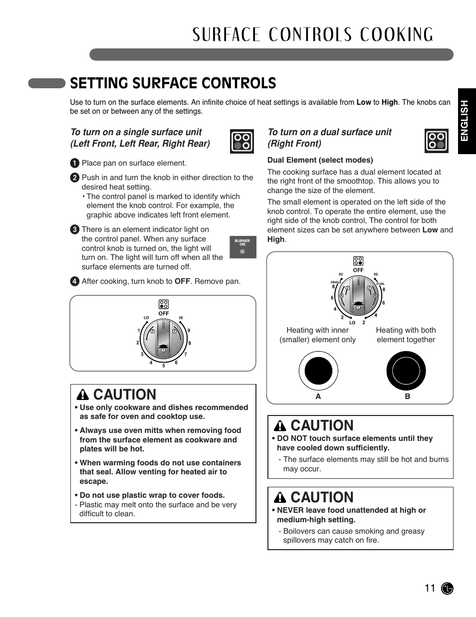 Setting surface controls, Caution | LG LRE3091SW User Manual | Page 11 / 40