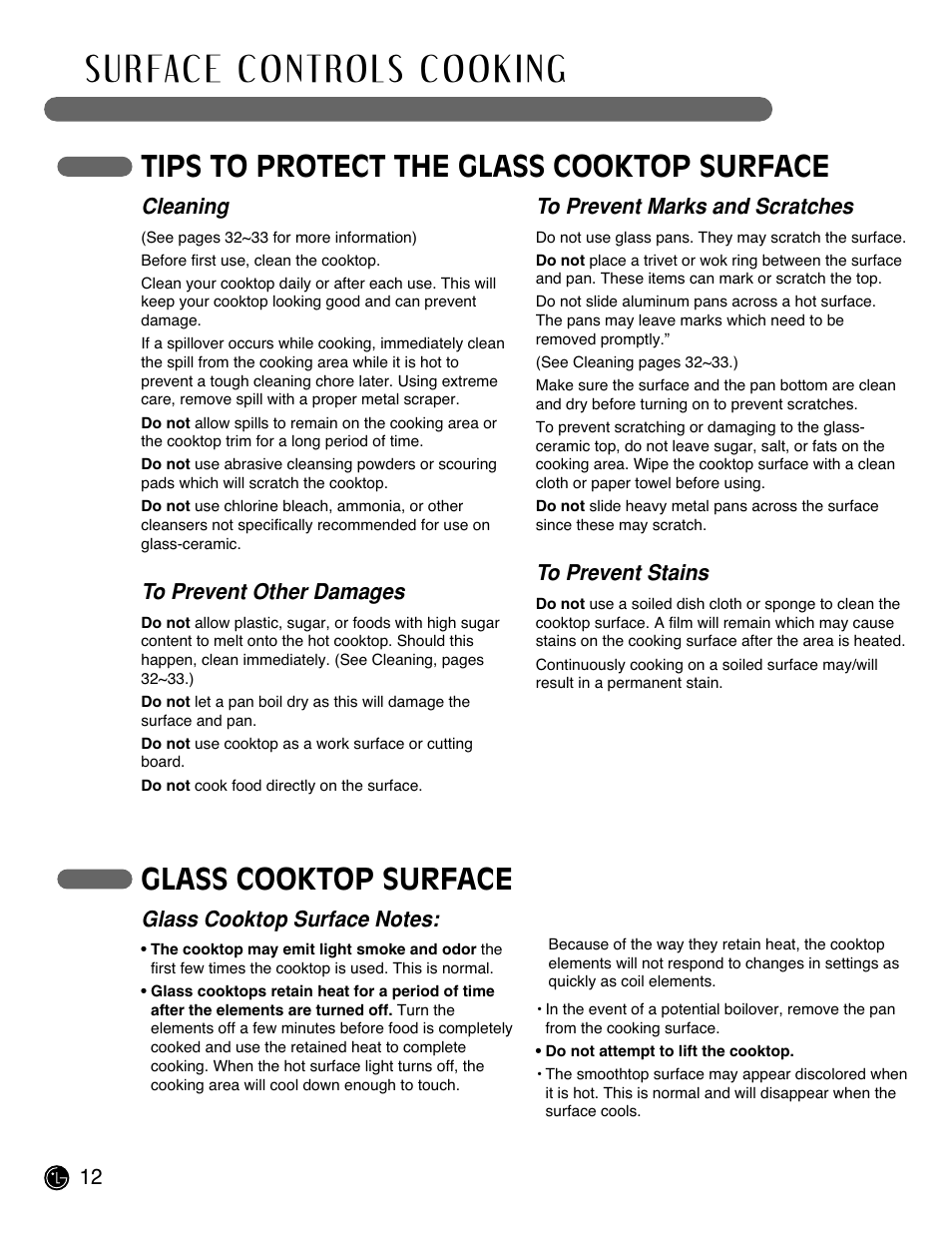 Tips to protect the glass cooktop surface, Glass cooktop surface, Cleaning | LG LRE3091SW User Manual | Page 12 / 40
