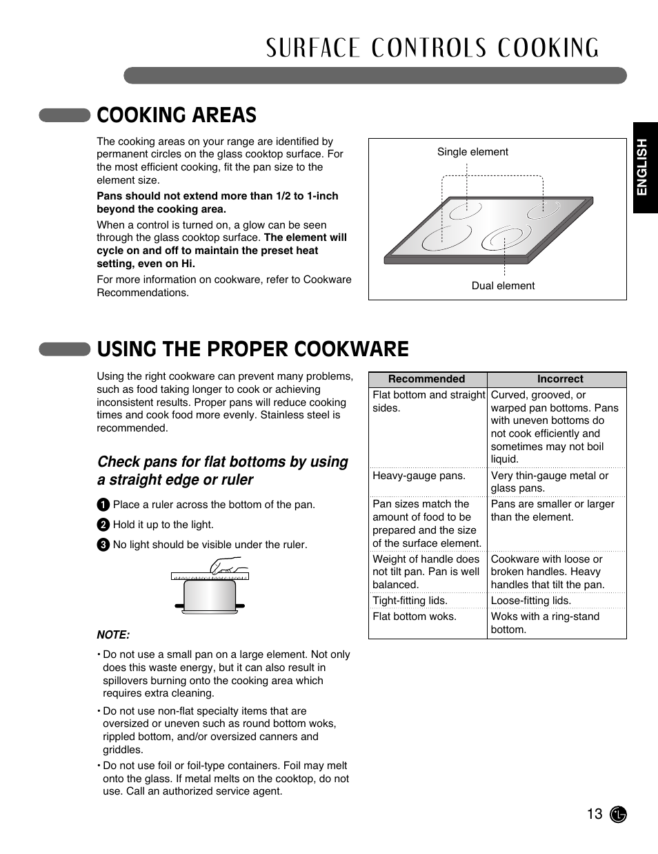 Cooking areas, Using the proper cookware | LG LRE3091SW User Manual | Page 13 / 40