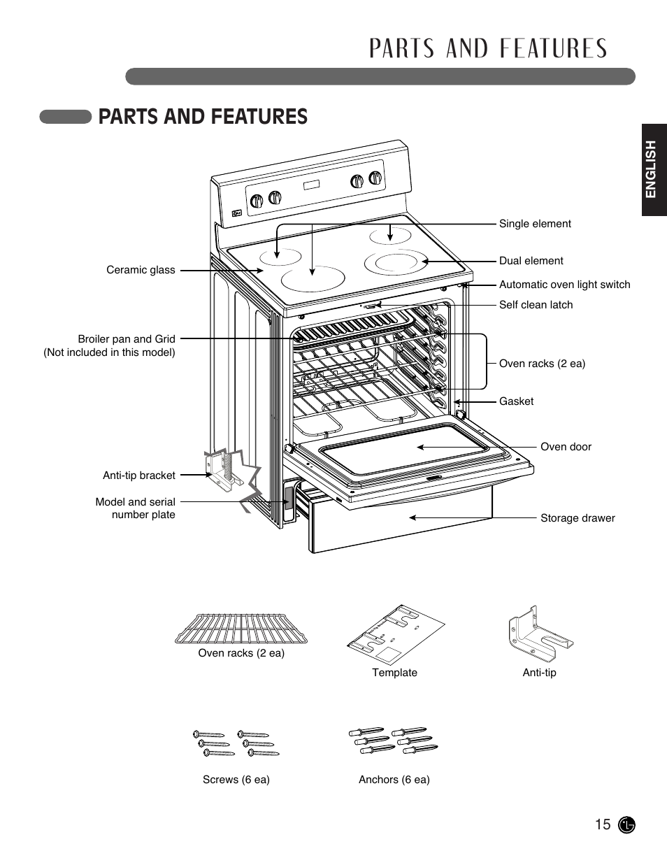 Parts and features | LG LRE3091SW User Manual | Page 15 / 40