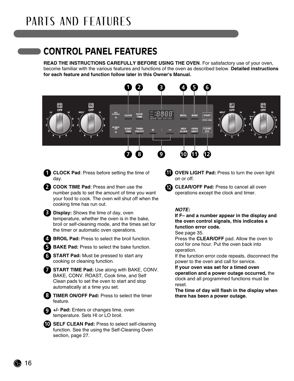 Control panel features | LG LRE3091SW User Manual | Page 16 / 40