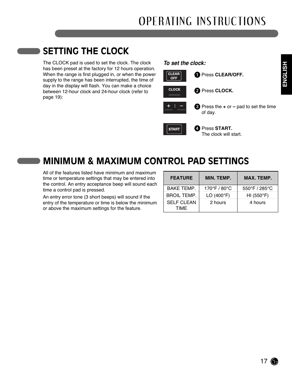 Setting the clock, Minimum & maximum control pad settings | LG LRE3091SW User Manual | Page 17 / 40