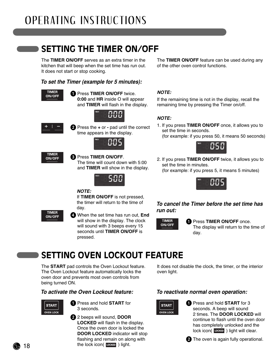 Setting the timer on/off, Setting oven lockout feature | LG LRE3091SW User Manual | Page 18 / 40