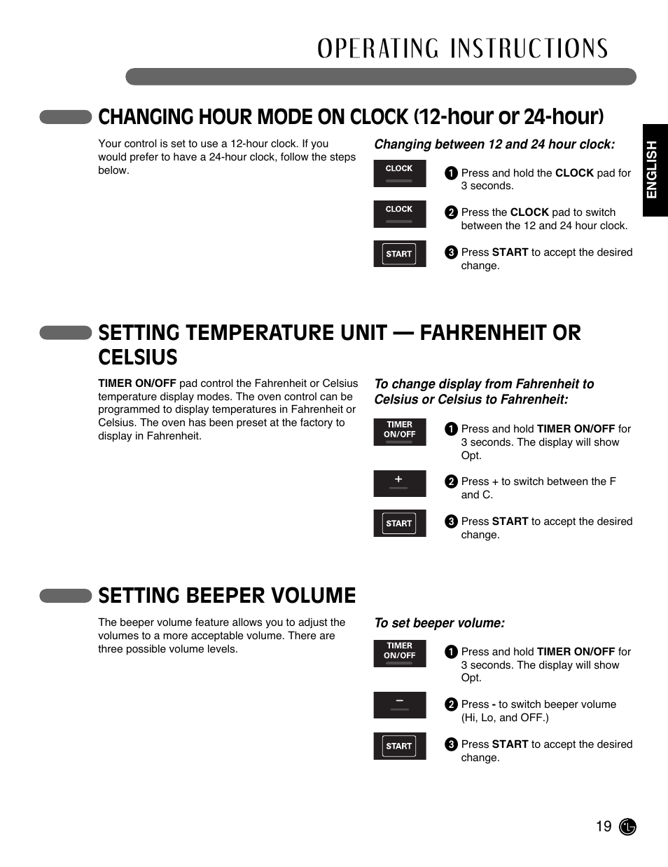 Changing hour mode on clock (12-hour or 24-hour), Setting beeper volume, Setting temperature unit — fahrenheit or celsius | LG LRE3091SW User Manual | Page 19 / 40