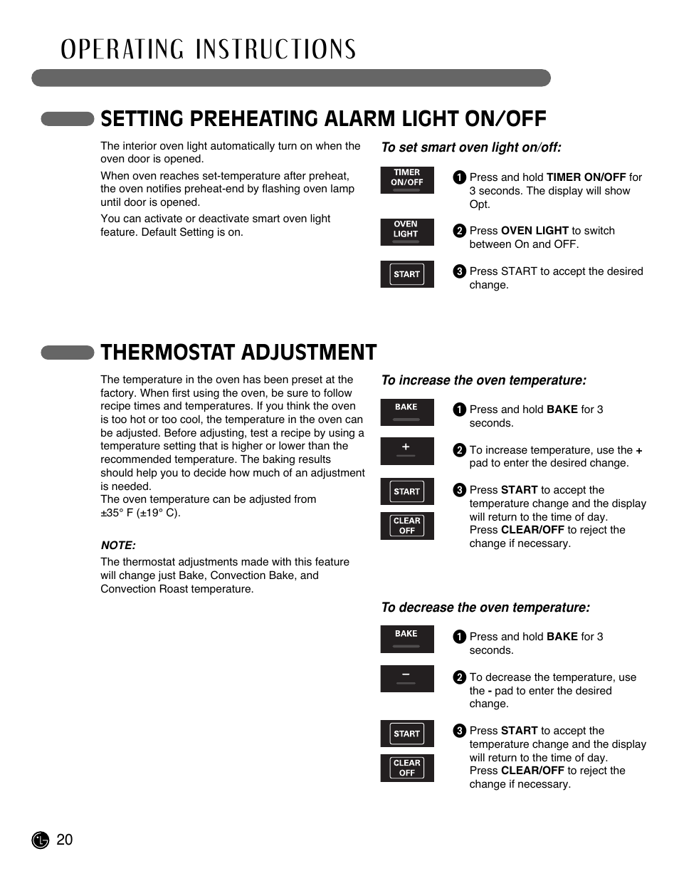 Setting preheating alarm light on/off, Thermostat adjustment | LG LRE3091SW User Manual | Page 20 / 40