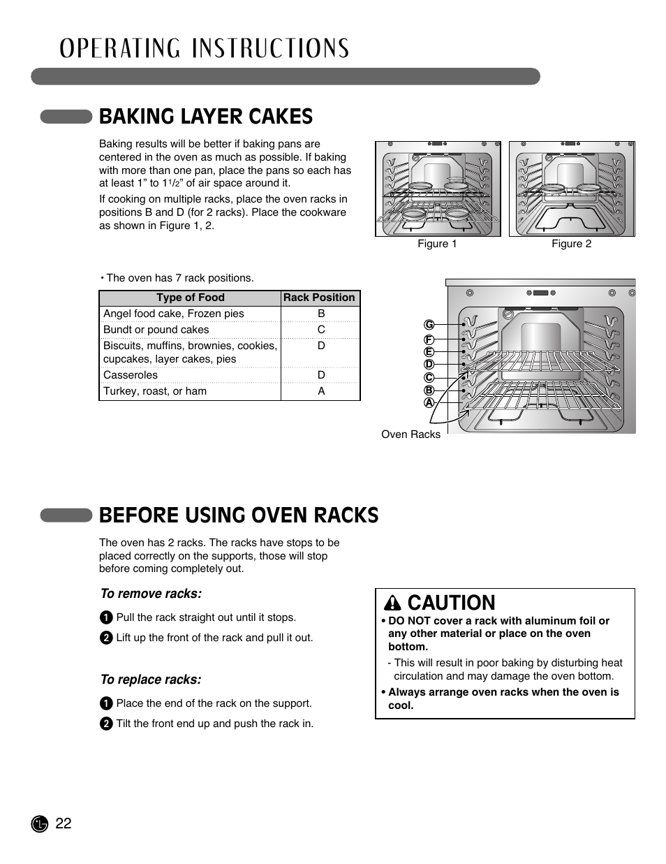 Baking layer cakes, Before using oven racks, Caution | LG LRE3091SW User Manual | Page 22 / 40