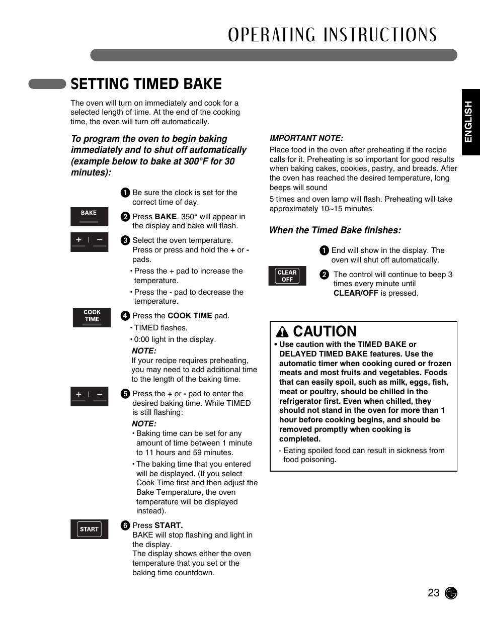 Caution, Setting timed bake | LG LRE3091SW User Manual | Page 23 / 40