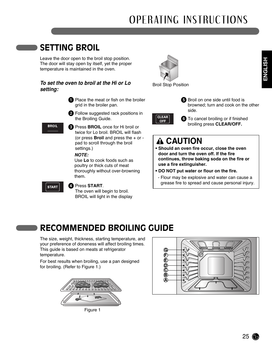 Setting broil, Caution, Recommended broiling guide | LG LRE3091SW User Manual | Page 25 / 40