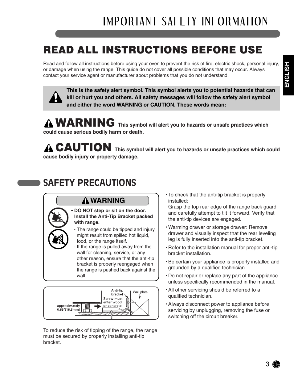 Warning, Caution, Read all instructions before use | Safety precautions | LG LRE3091SW User Manual | Page 3 / 40