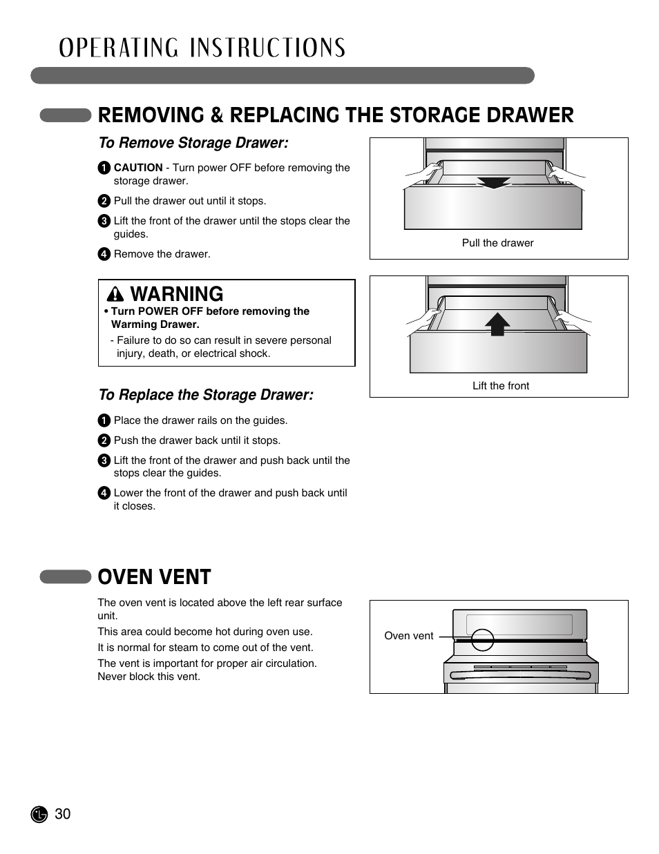 Removing & replacing the storage drawer, Oven vent, Warning | LG LRE3091SW User Manual | Page 30 / 40