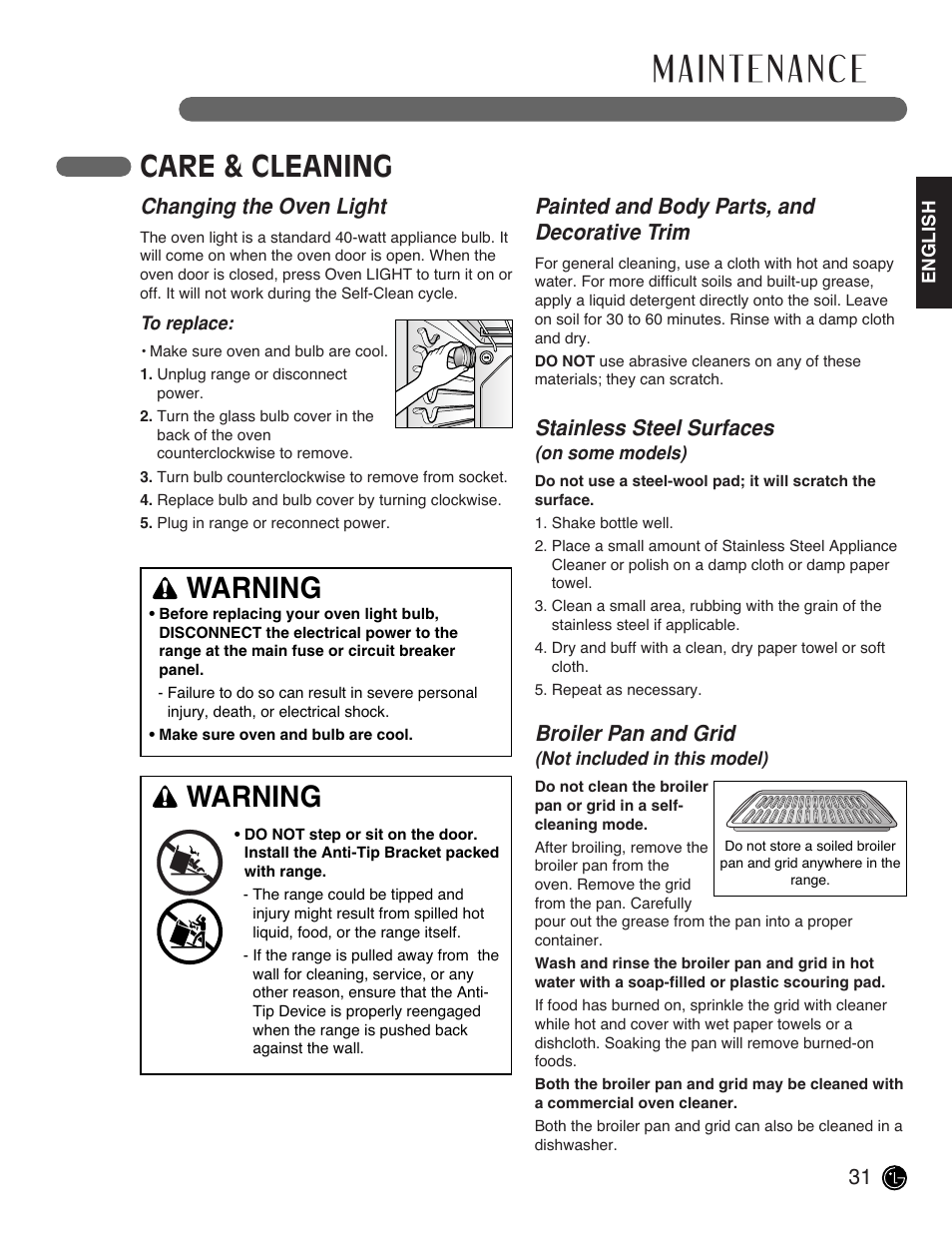 Care & cleaning, Warning, Changing the oven light | Painted and body parts, and decorative trim, Stainless steel surfaces, Broiler pan and grid | LG LRE3091SW User Manual | Page 31 / 40