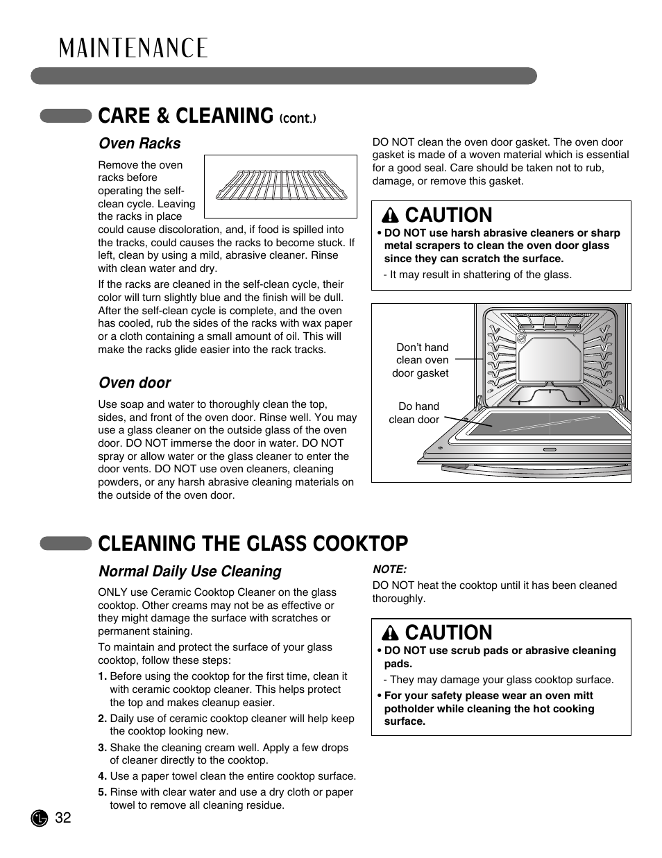 Care & cleaning, Cleaning the glass cooktop, Caution | LG LRE3091SW User Manual | Page 32 / 40