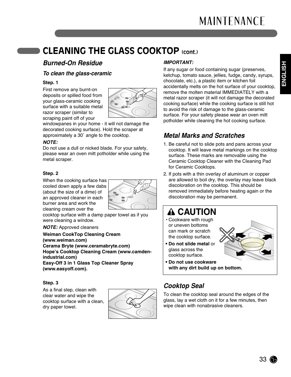 Cleaning the glass cooktop, Caution | LG LRE3091SW User Manual | Page 33 / 40