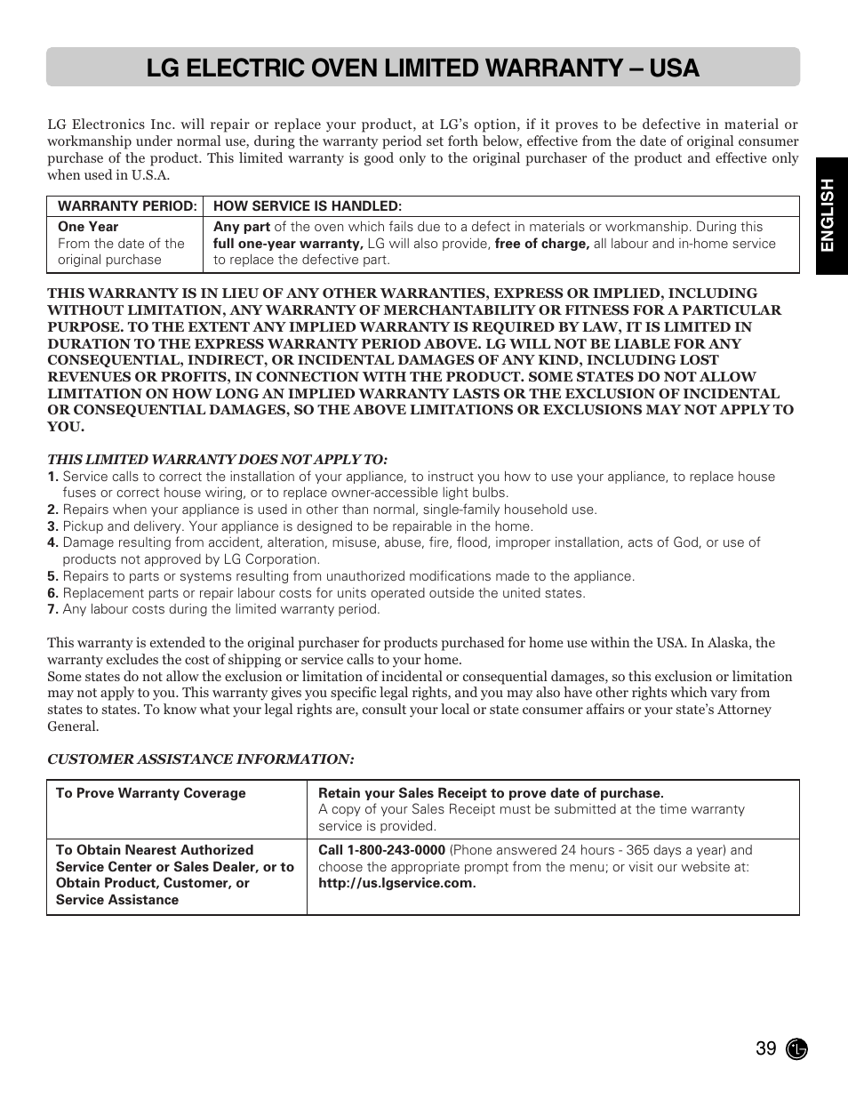 Lg electric oven limited warranty – usa | LG LRE3091SW User Manual | Page 39 / 40