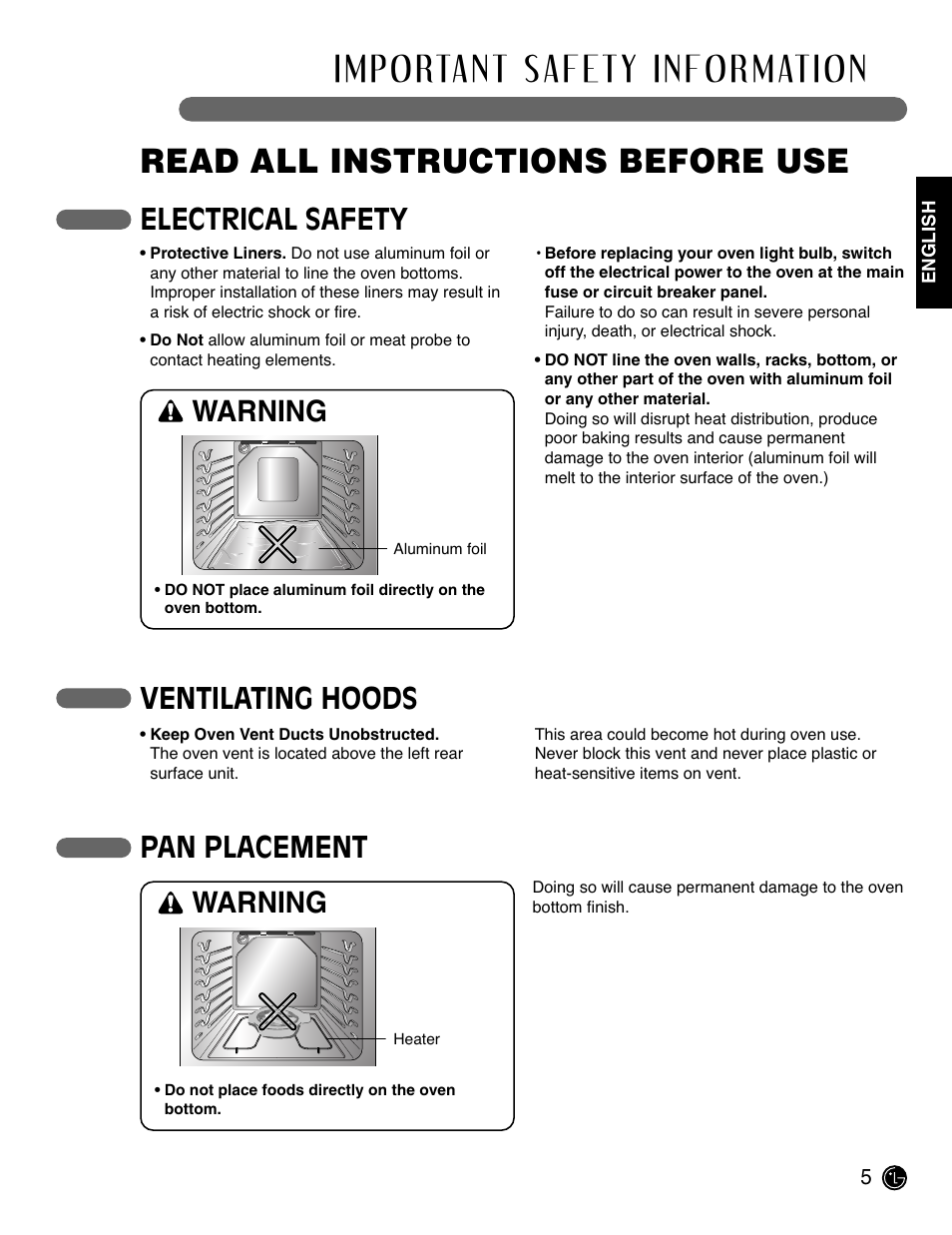 Read all instructions before use, Electrical safety, Warning | Warning ventilating hoods, Pan placement | LG LRE3091SW User Manual | Page 5 / 40