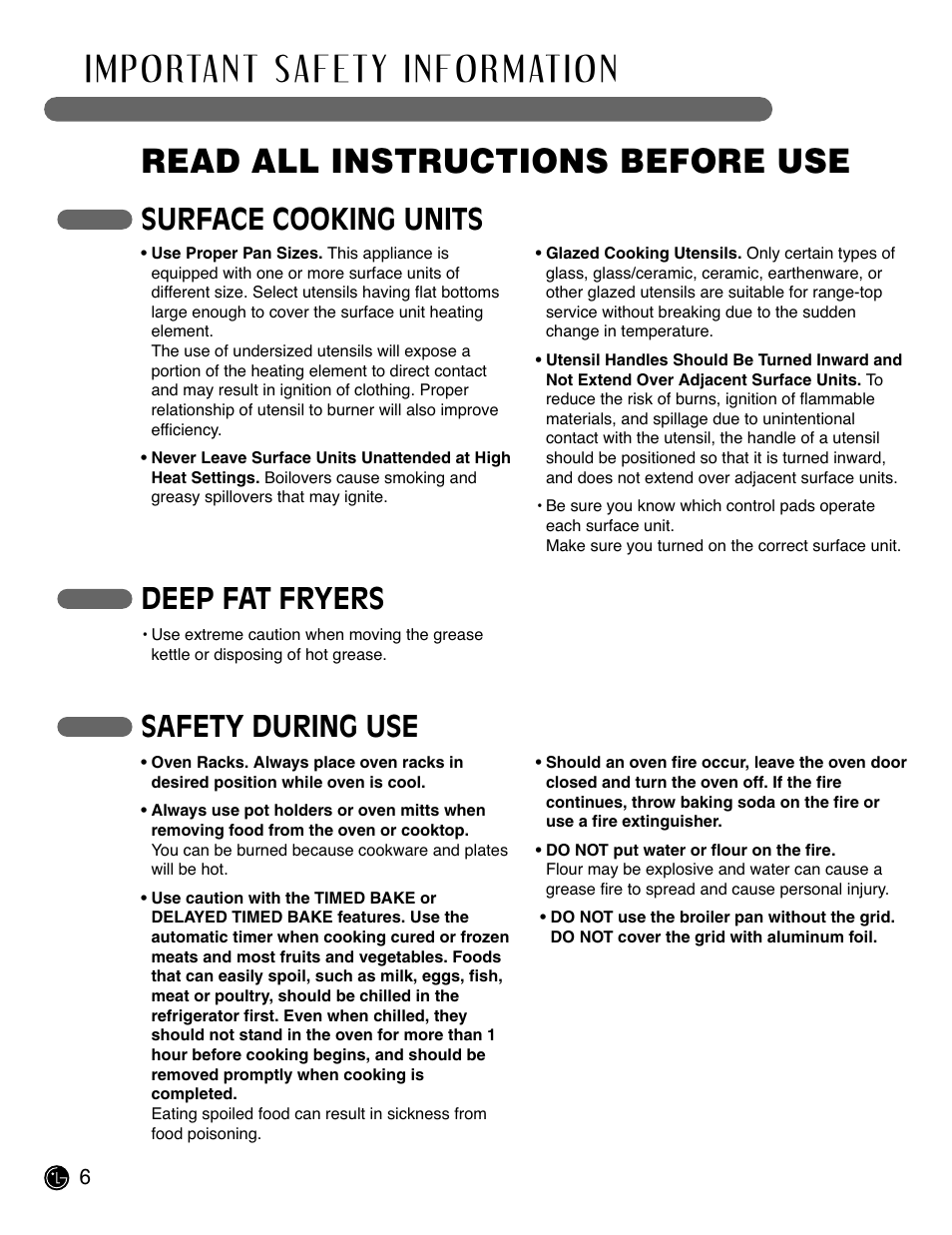 Read all instructions before use, Deep fat fryers, Surface cooking units | Safety during use | LG LRE3091SW User Manual | Page 6 / 40