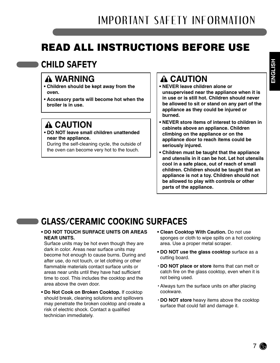 Read all instructions before use, Child safety, Warning | Caution, Caution glass/ceramic cooking surfaces | LG LRE3091SW User Manual | Page 7 / 40