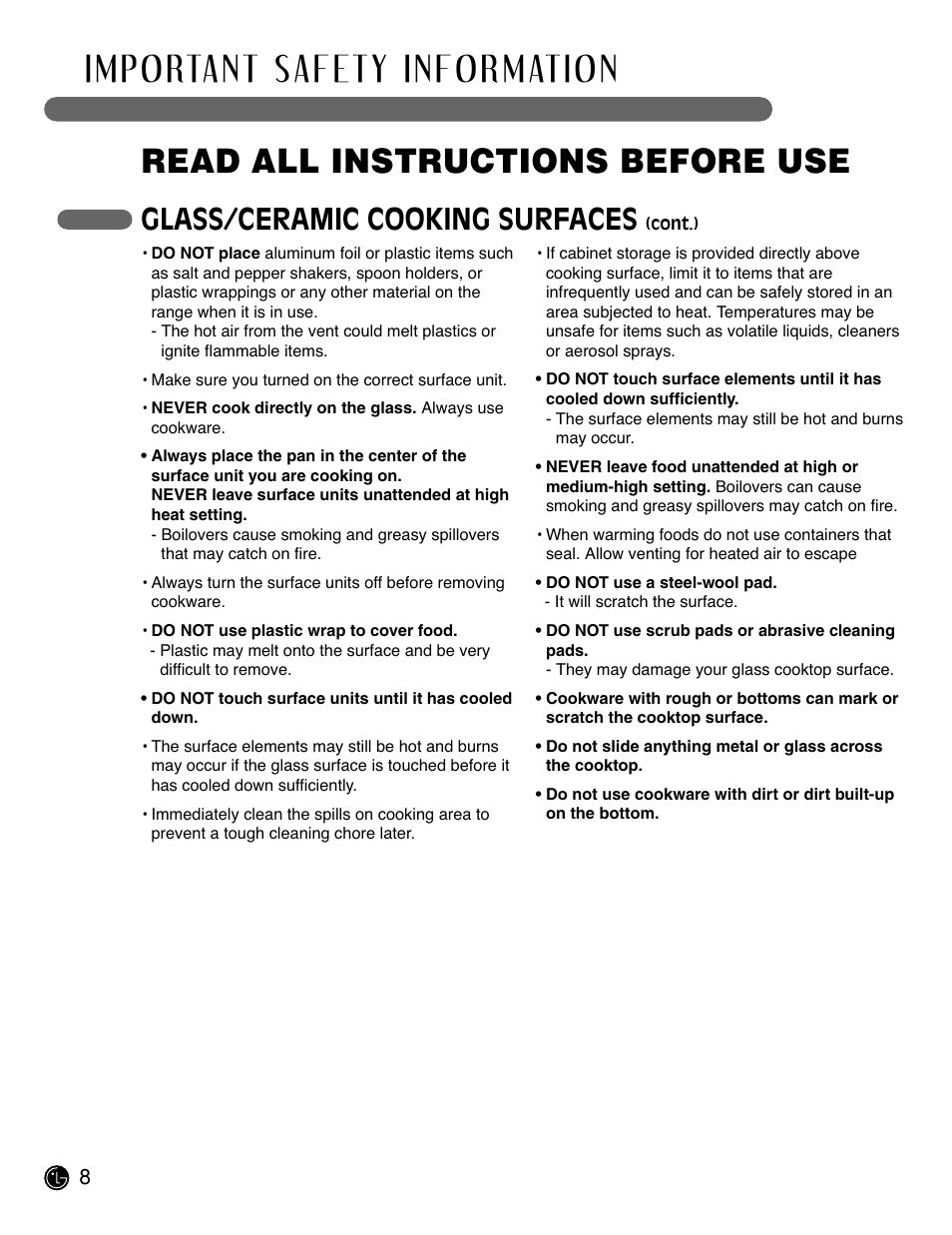 Read all instructions before use, Glass/ceramic cooking surfaces | LG LRE3091SW User Manual | Page 8 / 40