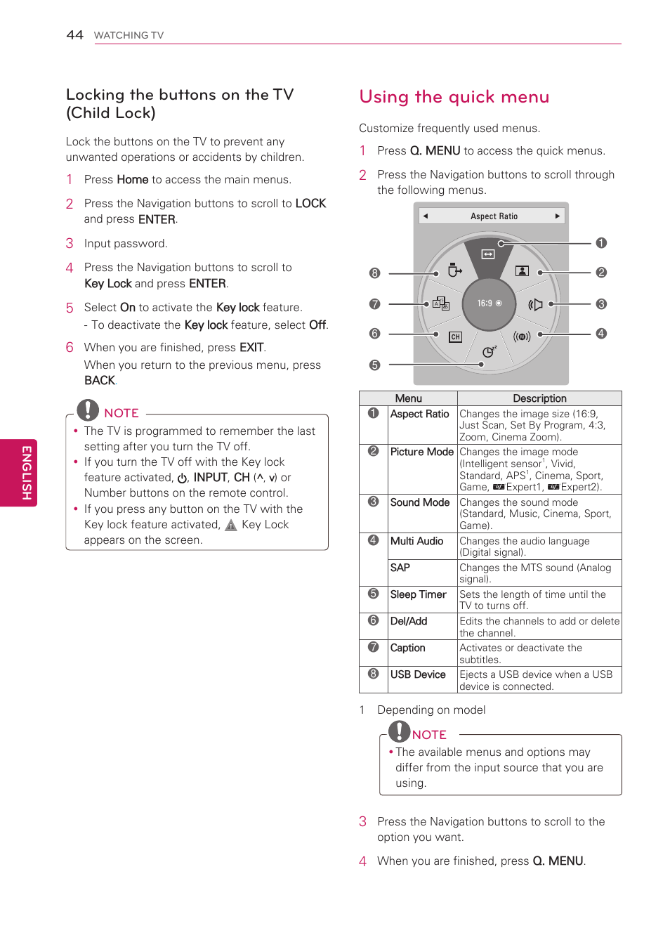 Locking the buttons on the tv (child lock), Using the quick menu, Locking the buttons on the tv (child | Lock) | LG 50PW350 User Manual | Page 44 / 124