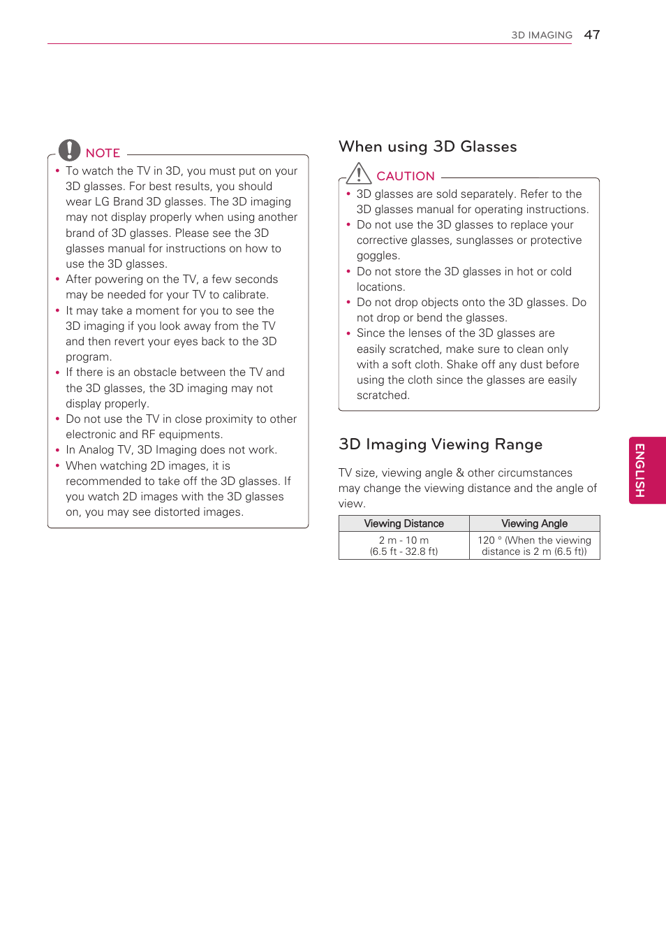 When using 3d glasses, 3d imaging viewing range | LG 50PW350 User Manual | Page 47 / 124