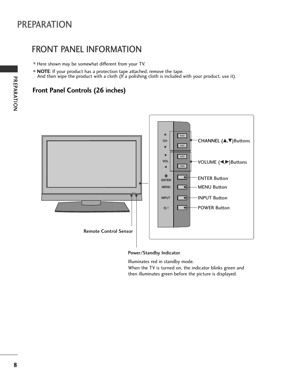 Front panel information, Front panel controls (26 inches), Preparation | Prep ar ation | LG 42LC4D User Manual | Page 10 / 90