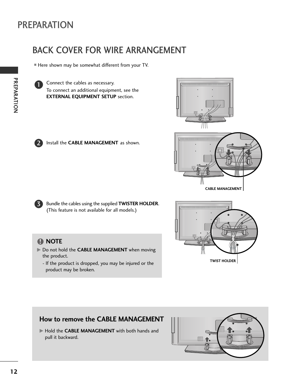 Back cover for wire arrangement, Preparation, How to remove the cable management | LG 42LC4D User Manual | Page 14 / 90