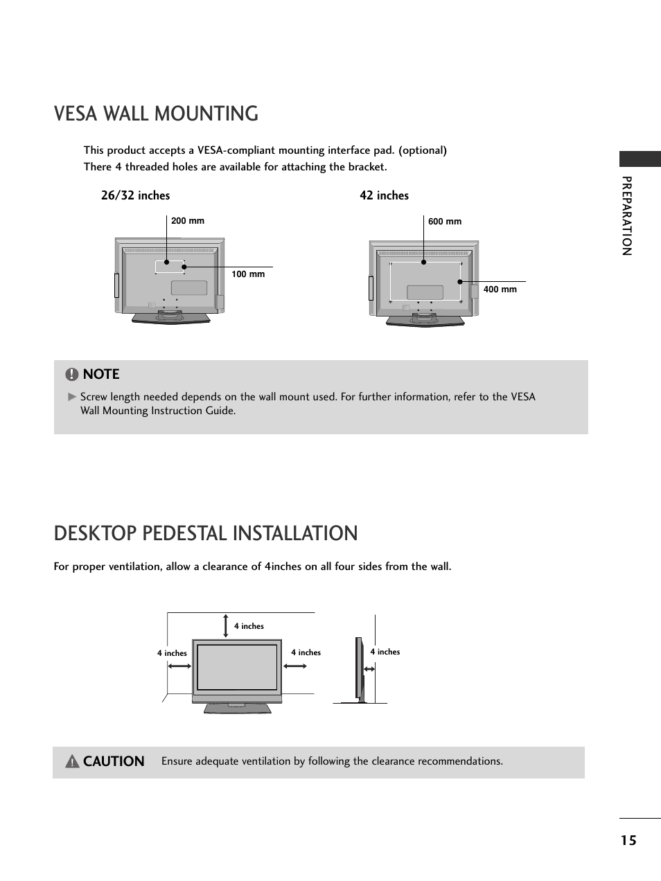 Vesa wall mounting, Desktop pedestal installation, Caution | Prep ar at ion | LG 42LC4D User Manual | Page 17 / 90