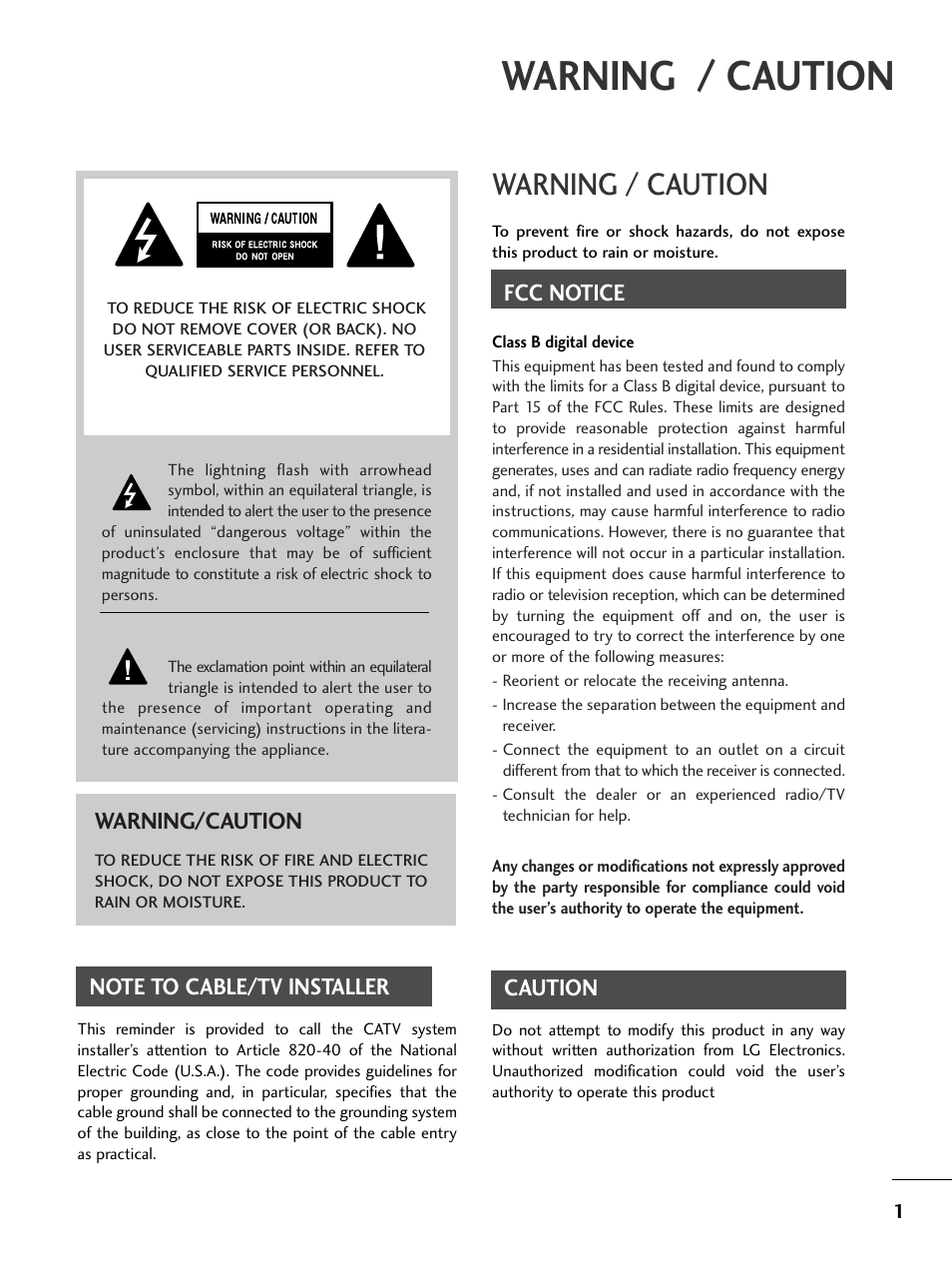 Warning / caution, Fcc notice, Caution | Warning/caution | LG 42LC4D User Manual | Page 3 / 90